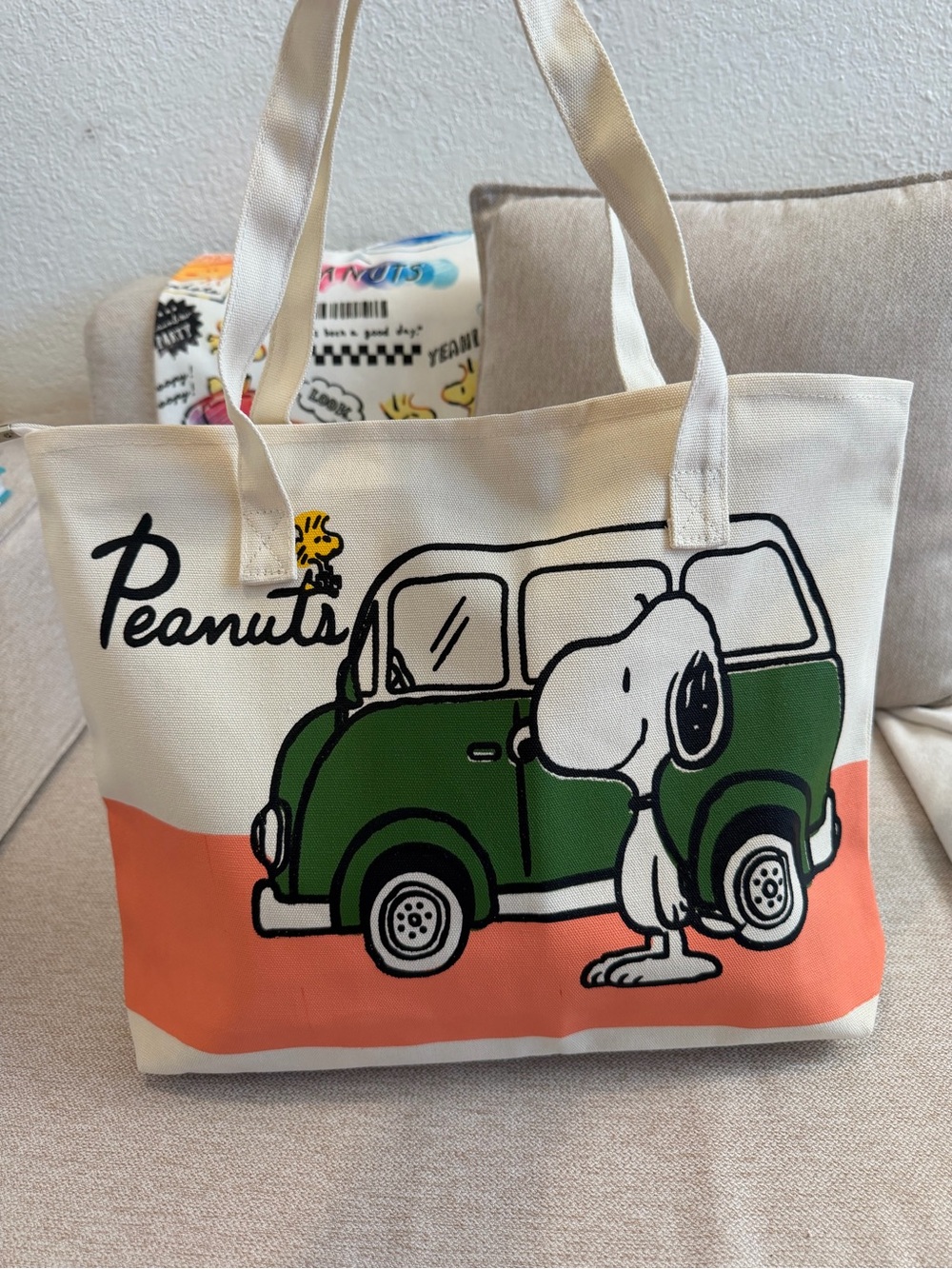 Peanuts Canvas Tote with Green Car, Coral Accent
